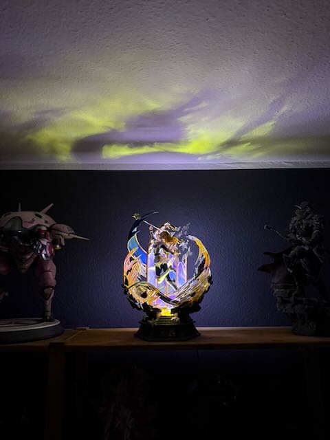 on a shelf in the dark