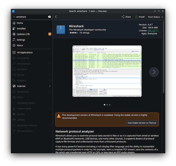 Wireshark screenshot for Fedora