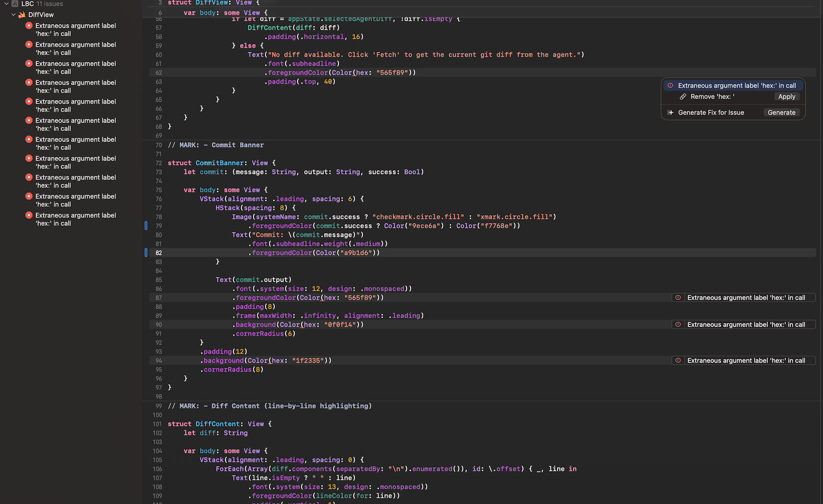 Xcode showing warnings about a wrong argument to Color